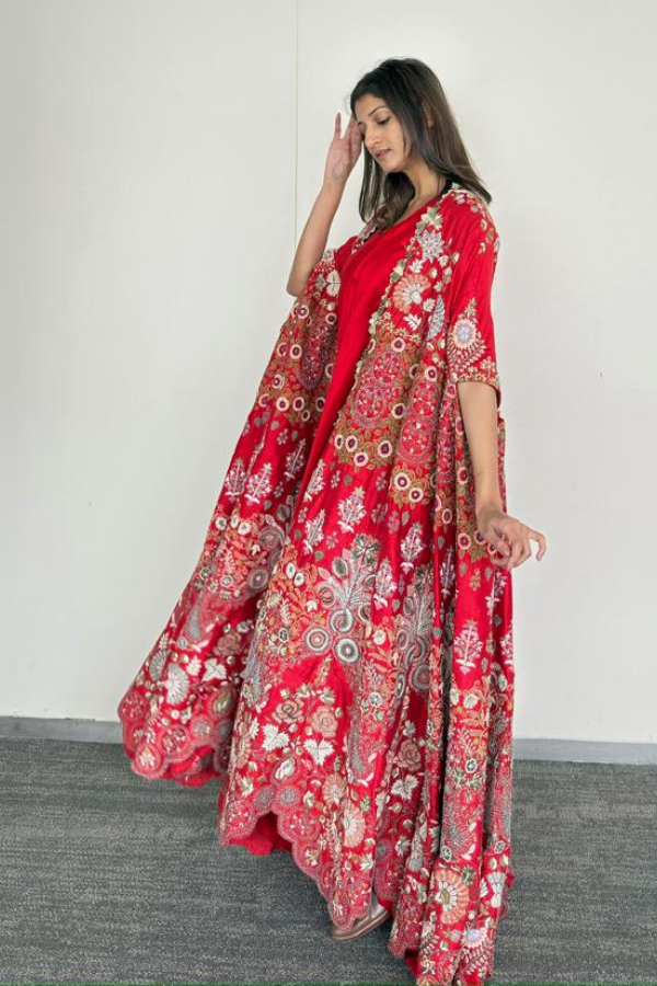 Anamika Khanna Red Floral Embroidered Cape Set