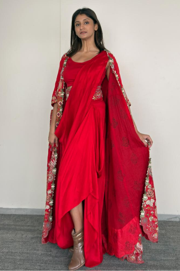 Anamika Khanna Red Floral Embroidered Cape Set