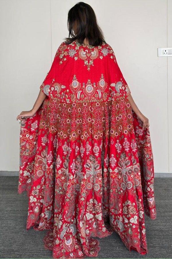 Anamika Khanna Red Floral Embroidered Cape Set