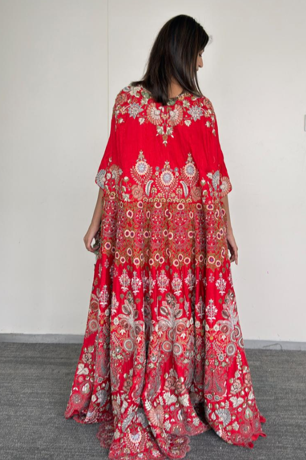 Anamika Khanna Red Floral Embroidered Cape Set