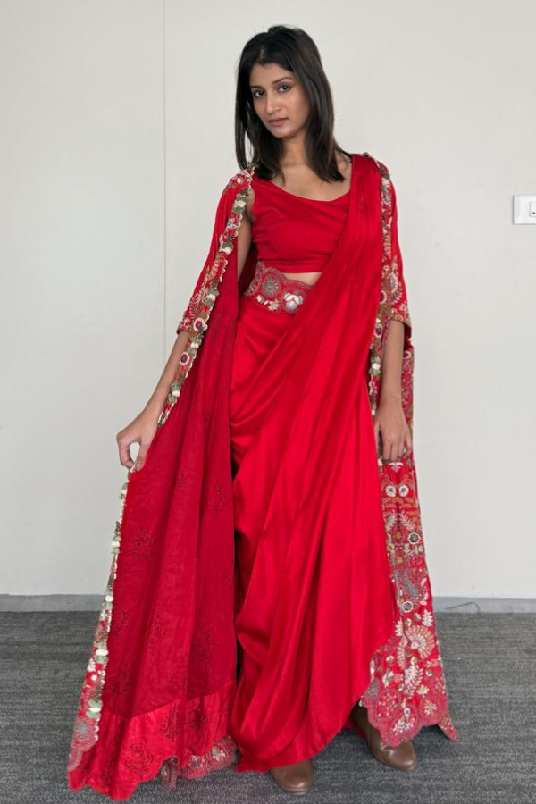 Anamika Khanna Red Floral Embroidered Cape Set