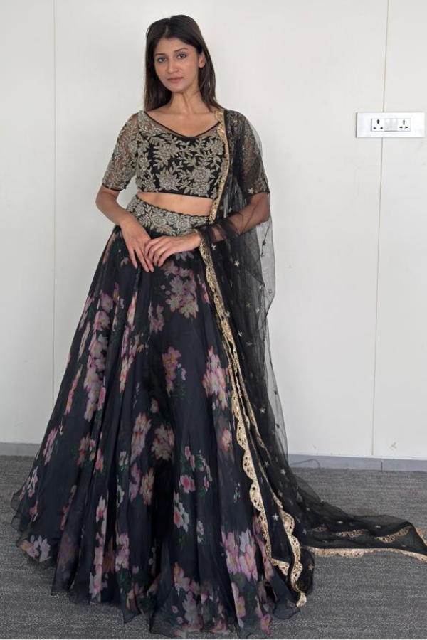 Mrunalini Rao Black Floral Embroidered Lehenga Set