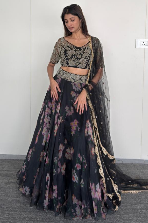 Mrunalini Rao Black Floral Embroidered Lehenga Set
