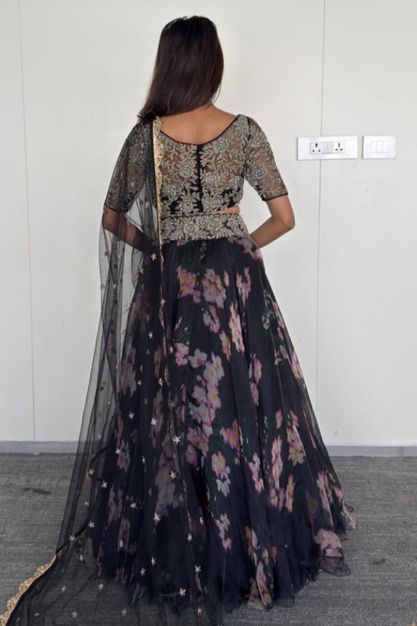Mrunalini Rao Black Floral Embroidered Lehenga Set