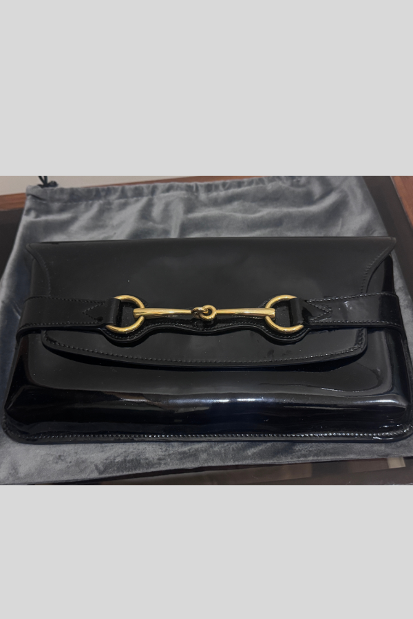 Gucci Black Patent Leather Horsebit Clutch