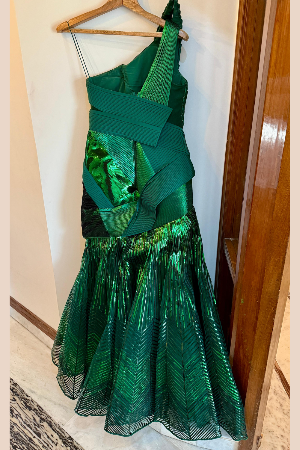 Amit Aggarwal Emerald Sculpted Metallic Gown