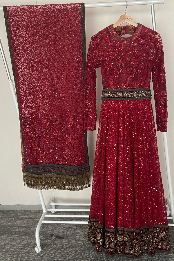 Sabyasachi Crimson Sequin Embellished Gown Set