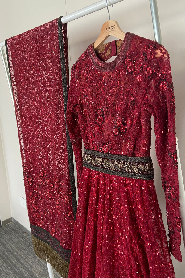 Sabyasachi Crimson Sequin Embellished Gown Set