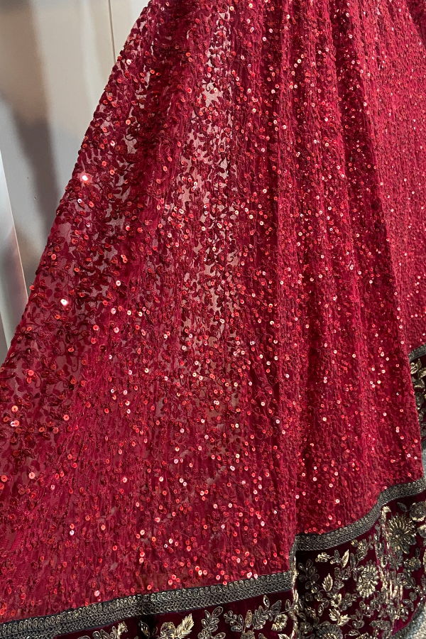 Sabyasachi Crimson Sequin Embellished Gown Set