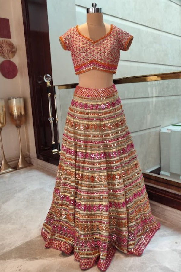 Abhinav Mishra Peach Mirror-Work Lehenga Set