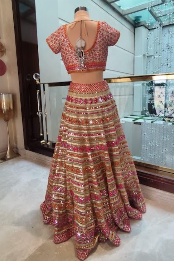 Abhinav Mishra Peach Mirror-Work Lehenga Set