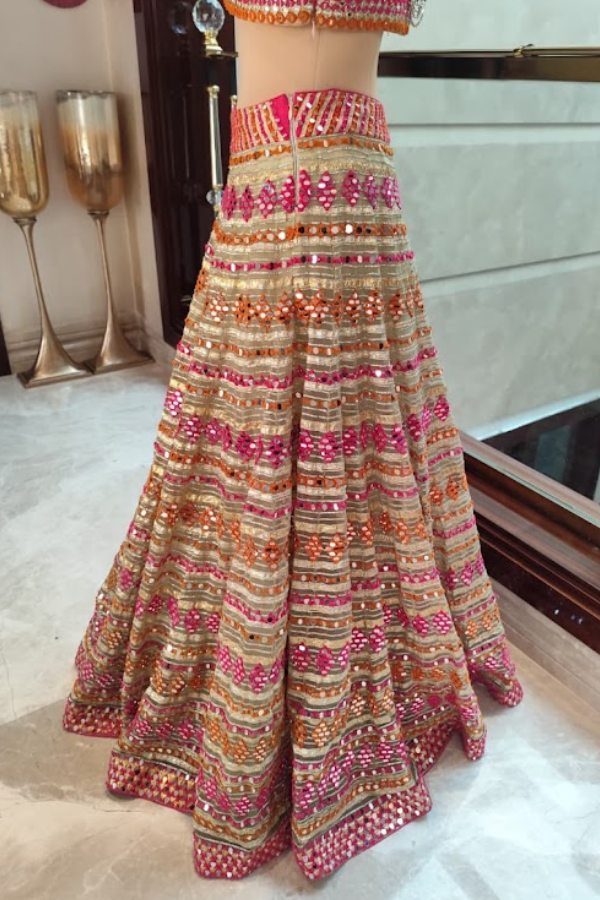 Abhinav Mishra Peach Mirror-Work Lehenga Set