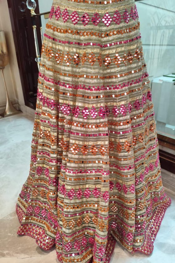 Abhinav Mishra Peach Mirror-Work Lehenga Set
