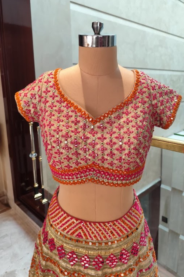 Abhinav Mishra Peach Mirror-Work Lehenga Set
