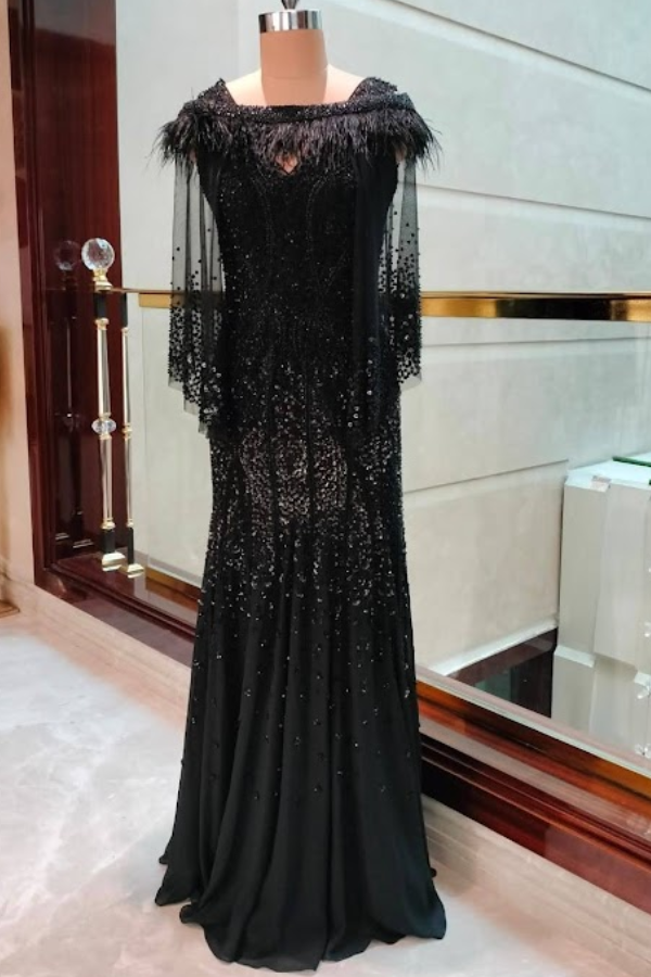 Rohit Gandhi Rahul Khanna Black Embellished Gown with Cape