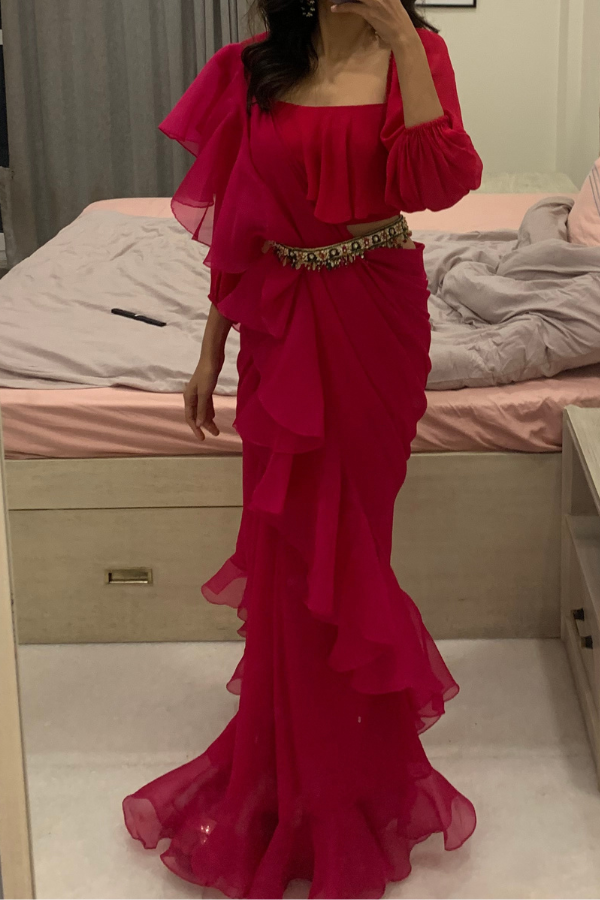 Ridhi Mehra Ruffled Pre-Draped Saree with Embellished Belt