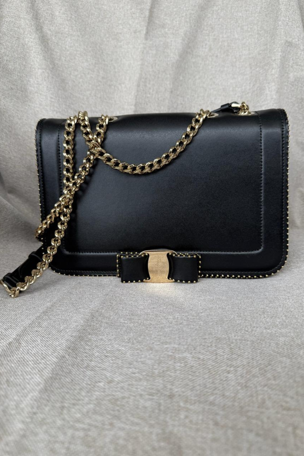 Salvatore Ferragamo Calfskin Studded Vara Bow Bag Black