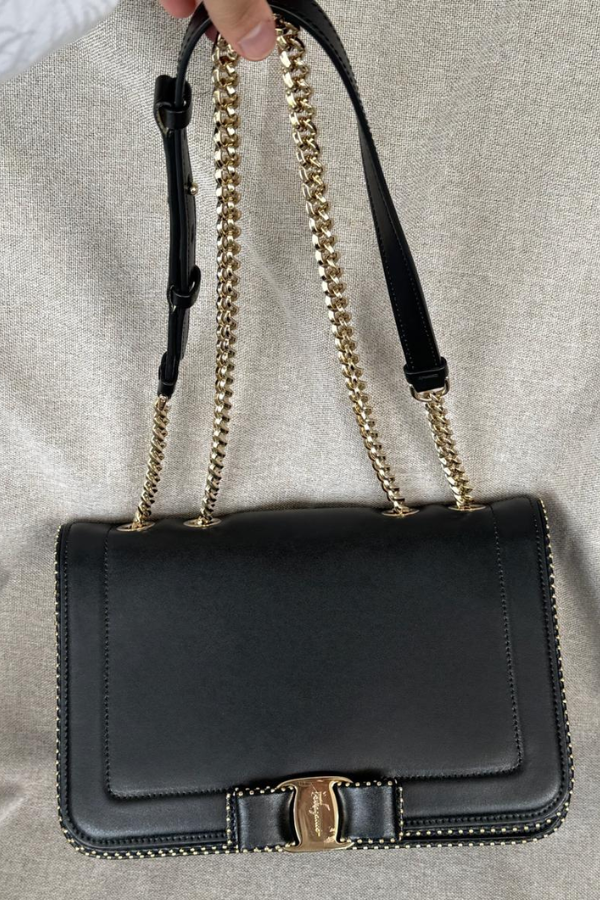 Salvatore Ferragamo Calfskin Studded Vara Bow Bag Black