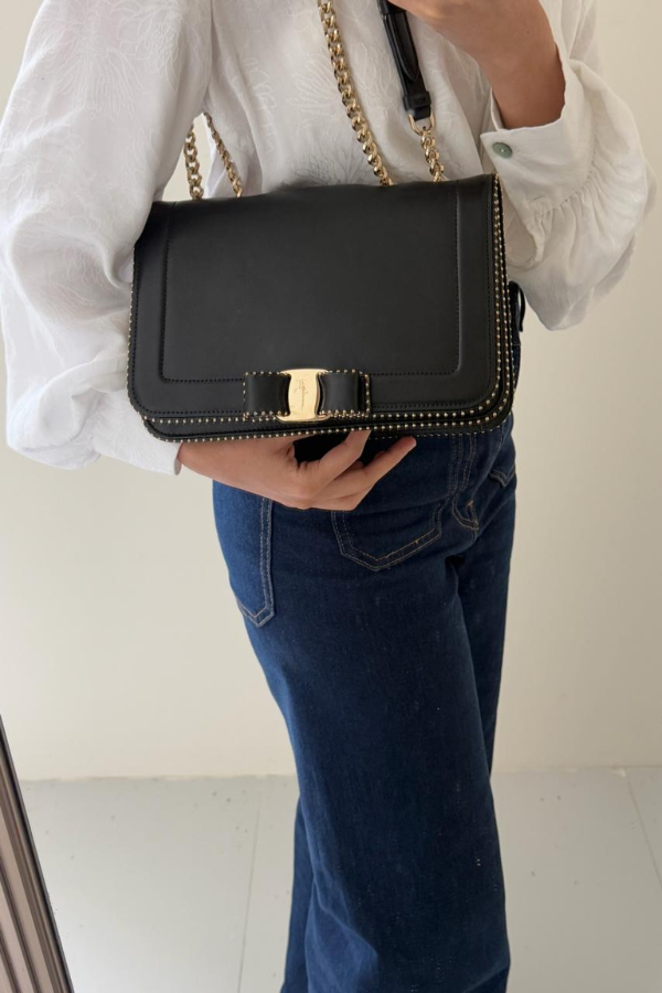 Salvatore Ferragamo Calfskin Studded Vara Bow Bag Black