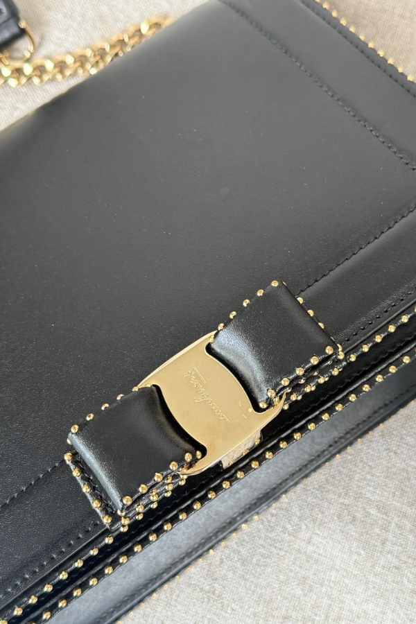 Salvatore Ferragamo Calfskin Studded Vara Bow Bag Black