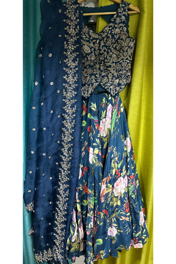 Mrunalini Rao Navy Floral Embroidered Lehenga Set
