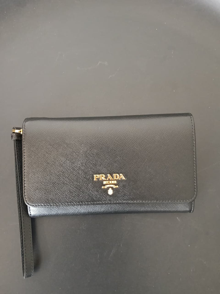 Prada Black Saffiano Metal Leather Wristlet Wallet