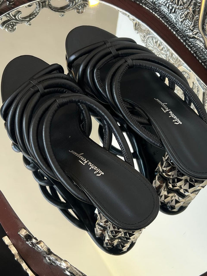 Salvatore Ferragamo Black Leather Amalia Sandals Size 9.5