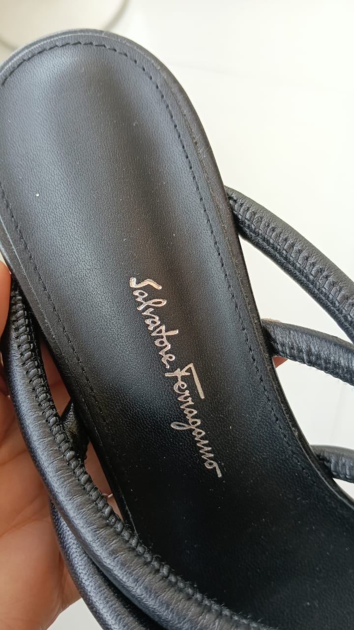 Salvatore Ferragamo Black Leather Amalia Sandals Size 9.5