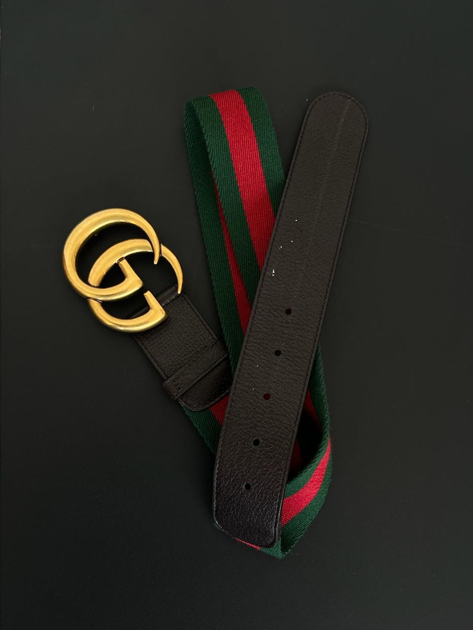 Gucci Multicolor Leather And Web GG Marmont Buckle Belt Size 34