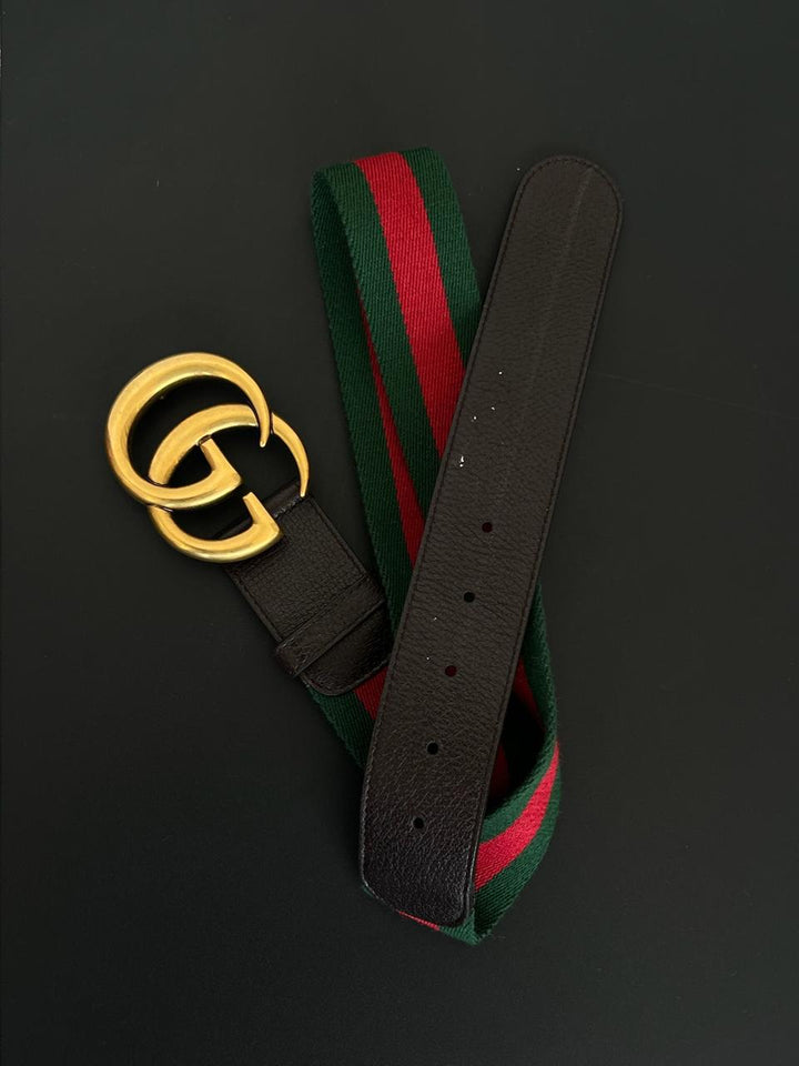 Gucci Multicolor Leather And Web GG Marmont Buckle Belt Size 34