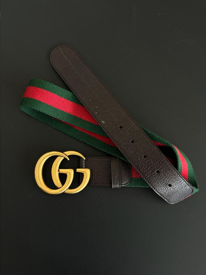 Gucci Multicolor Leather And Web GG Marmont Buckle Belt Size 34