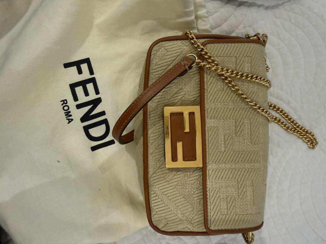 Fendi Raffia Vitello King Lucido FF Embroidered Baguette
