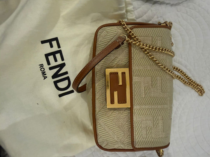 Fendi Raffia Vitello King Lucido FF Embroidered Baguette