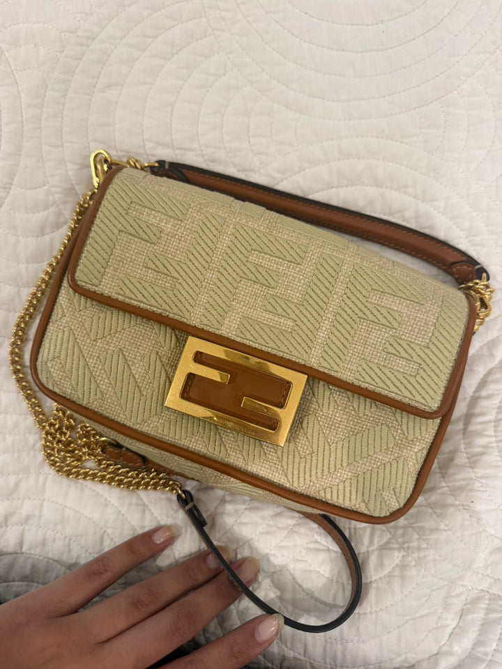 Fendi Raffia Vitello King Lucido FF Embroidered Baguette