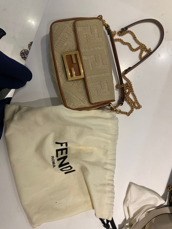 Fendi Raffia Vitello King Lucido FF Embroidered Baguette
