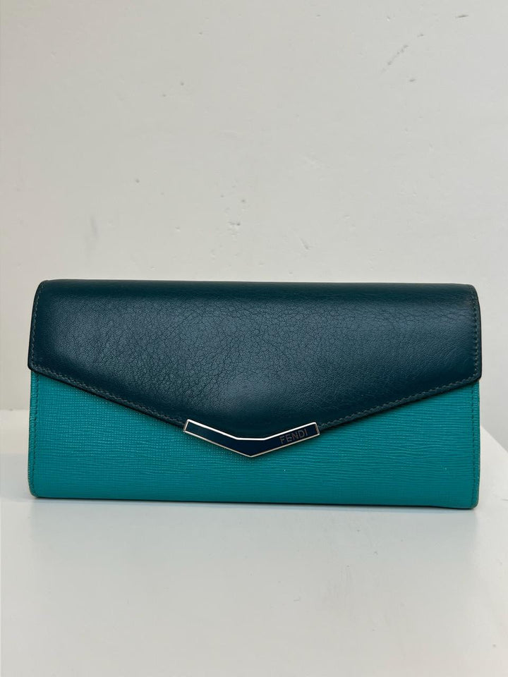 Fendi Two Tone Green Leather 2Jours Continental Wallet