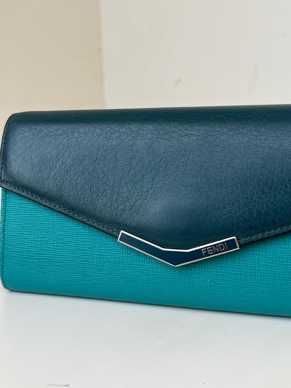 Fendi Two Tone Green Leather 2Jours Continental Wallet