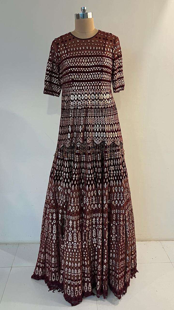 Tarun Tahiliani Maroon Geometric Embellished Lehenga Set