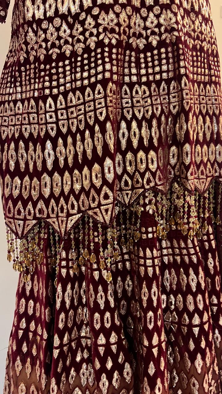 Tarun Tahiliani Maroon Geometric Embellished Lehenga Set