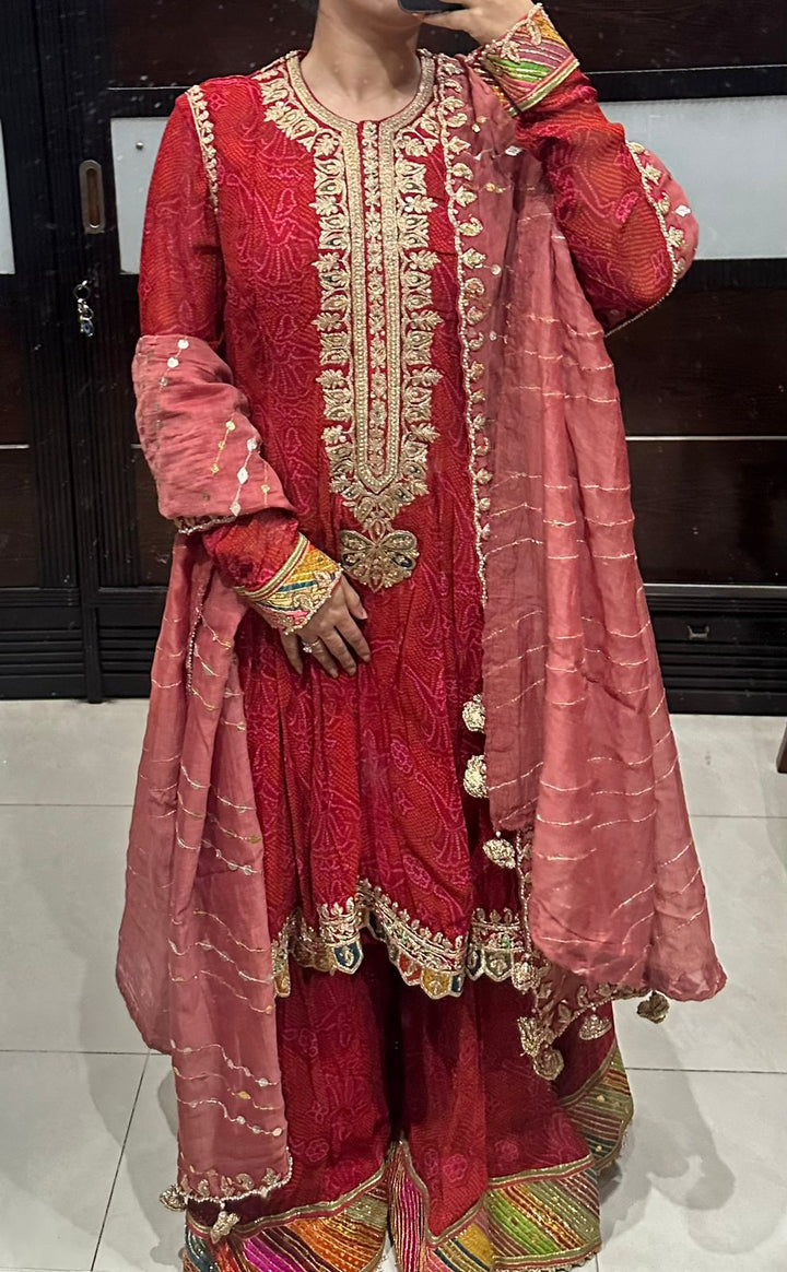Rimple & Harpreet Red Embroidered Anarkali & Sharara Set