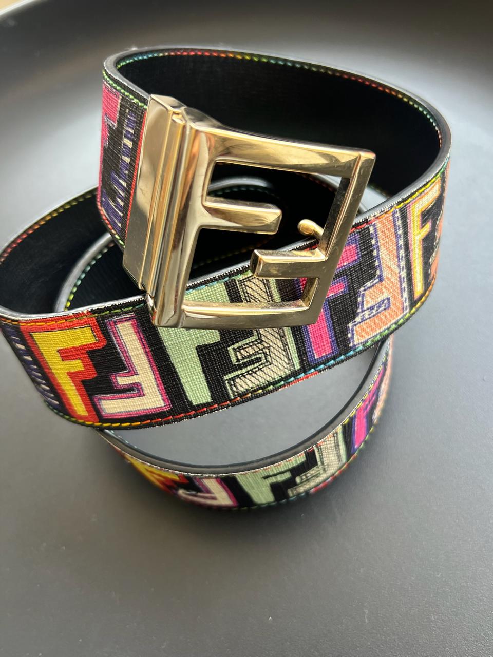 Fendi Multicolor Zucca Coated Canvas and Leather FF Logo Reversible Belt