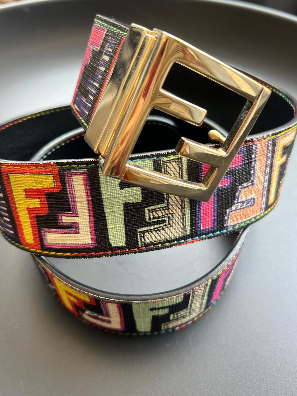 Fendi Multicolor Zucca Coated Canvas and Leather FF Logo Reversible Belt