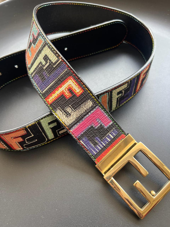 Fendi Multicolor Zucca Coated Canvas and Leather FF Logo Reversible Belt