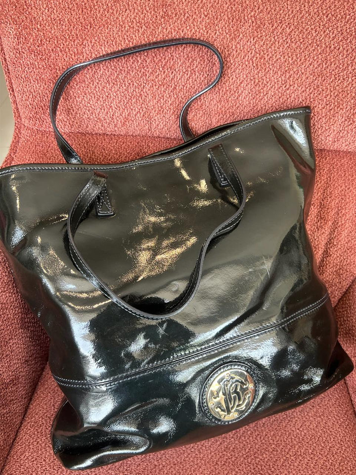 Roberto Cavalli Black Patent Leather Logo Tote