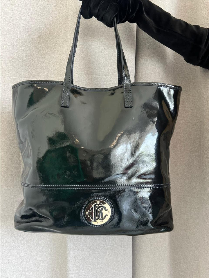 Roberto Cavalli Black Patent Leather Logo Tote