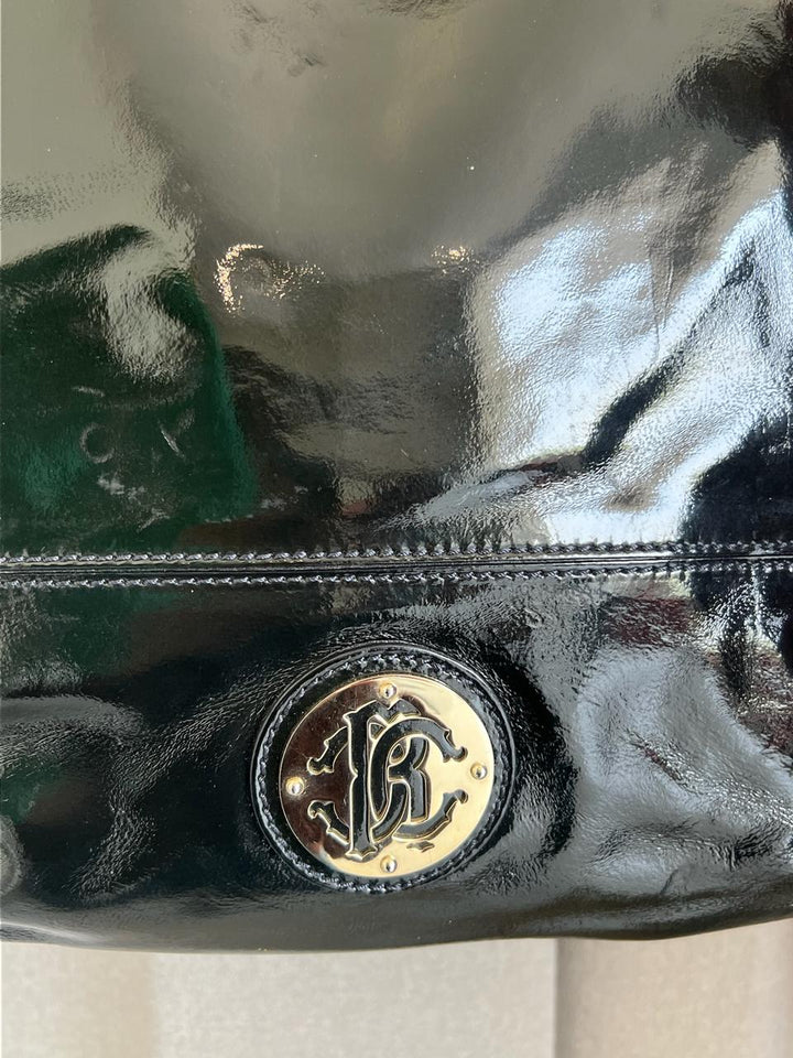 Roberto Cavalli Black Patent Leather Logo Tote