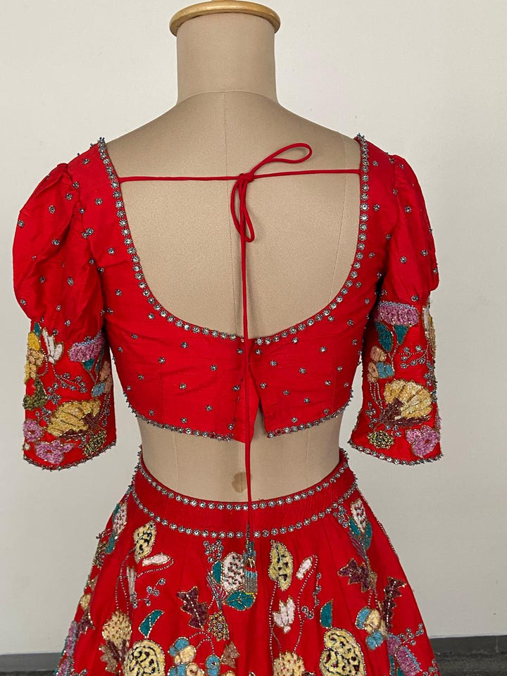 Aisha Rao Scarlet Floral Embroidered Lehenga Set
