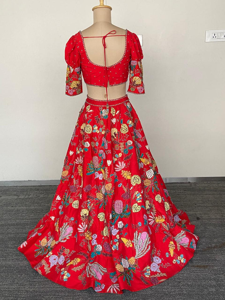Aisha Rao Scarlet Floral Embroidered Lehenga Set