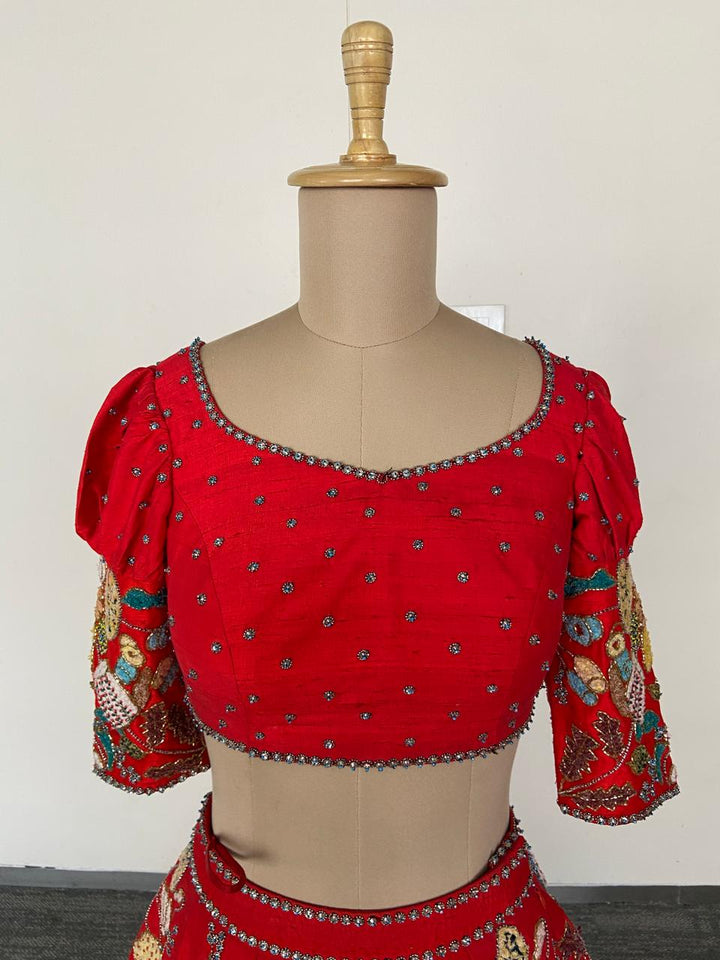 Aisha Rao Scarlet Floral Embroidered Lehenga Set