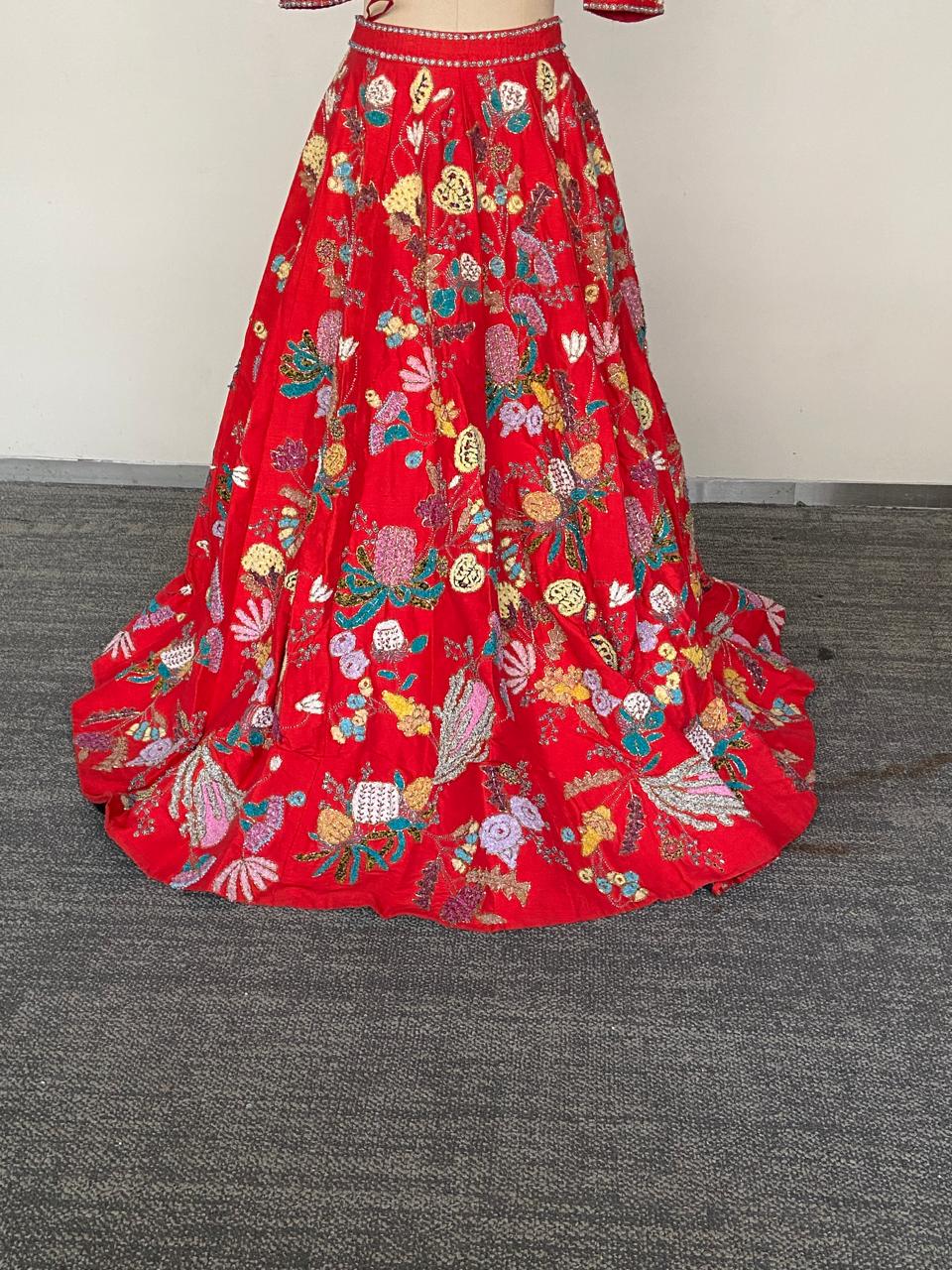 Aisha Rao Scarlet Floral Embroidered Lehenga Set